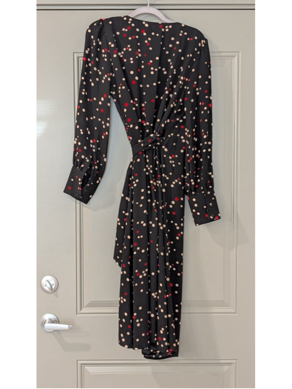 Halogen Black Polka Dot Faux Wrap Midi Dress Long Sleeve Tie Waist Size Small - Picture 5 of 9